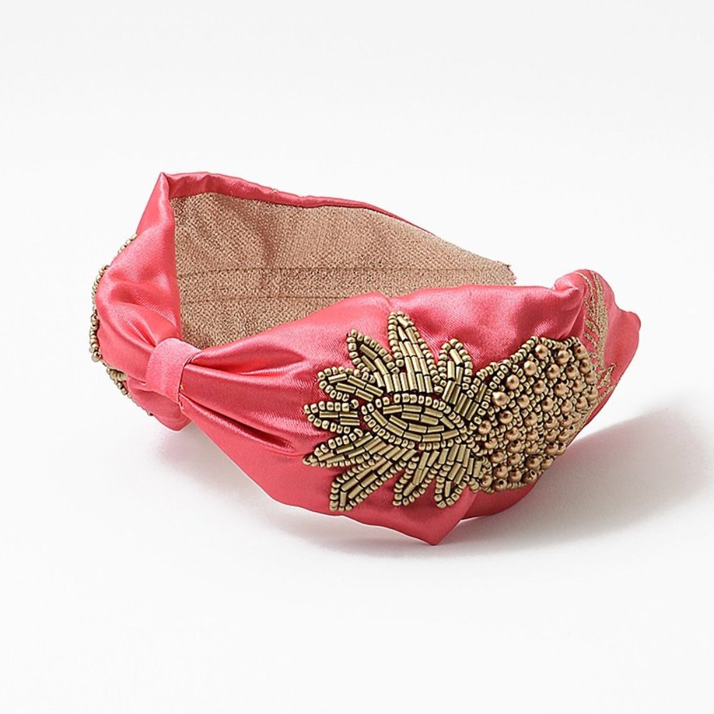 CORAL PINK FLORAL SEED BEAD HEADBAND